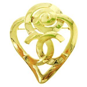 CHANEL CC Logos Heart Motif Brooch Gold-Tone Corsage 95P Accessories
